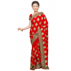 Stupendous Red Colored Embroidered Chiffon Saree